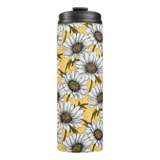 Weiße Gänse, wilde Blume auf Gelb Thermosbecher (Vorderseite)