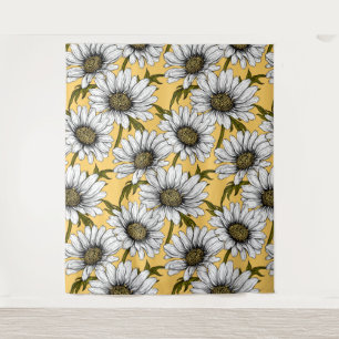 Weiße Gänse, wilde Blume auf Gelb Wandteppich