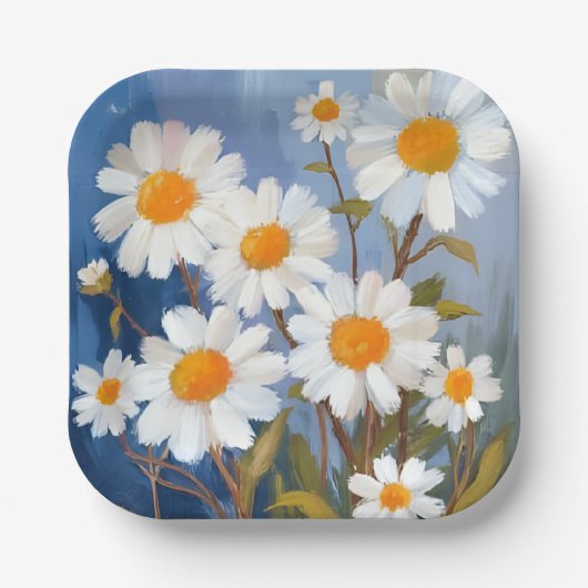 Weiße Gänseblümchen Aquarell Blumen Gemalt Pappteller (Vorderseite)