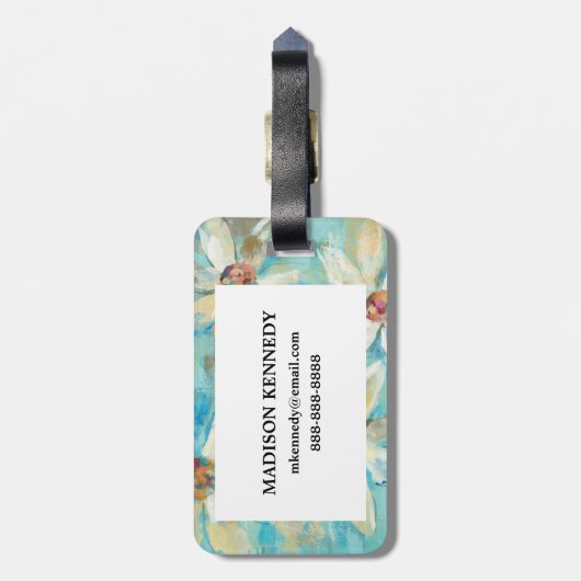 Weiße Gänseblümchen auf Blau Gepäckanhänger (Rückseite vertikal)