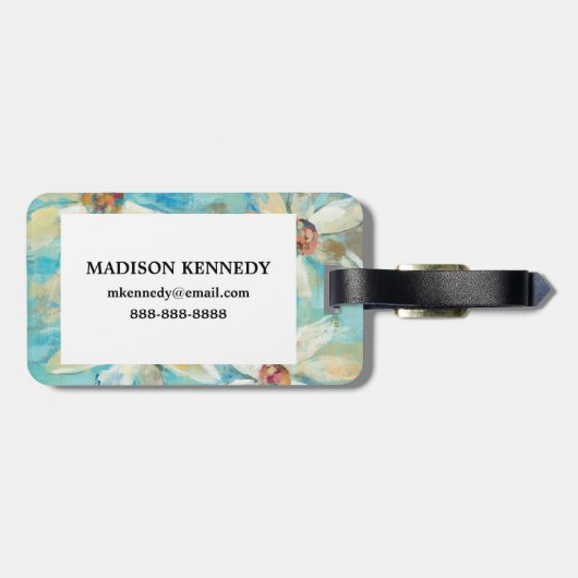 Weiße Gänseblümchen auf Blau Gepäckanhänger (Rückseite horizontal)