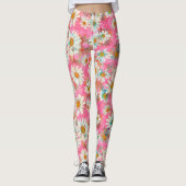 Weiße Gänseblümchen auf rosa Blumenmuster Leggings (Vorderseite)