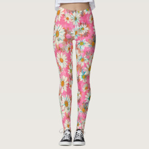 Weiße Gänseblümchen auf rosa Blumenmuster Leggings