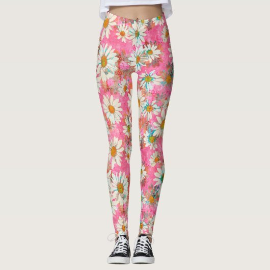 Weiße Gänseblümchen auf rosa Blumenmuster Leggings (Vorderseite)