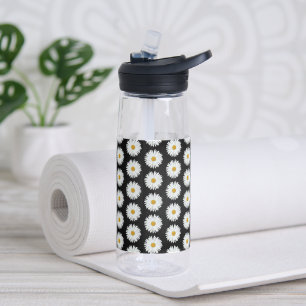 Weiße Gänseblümchen-Blumenmuster auf Schwarz Trinkflasche
