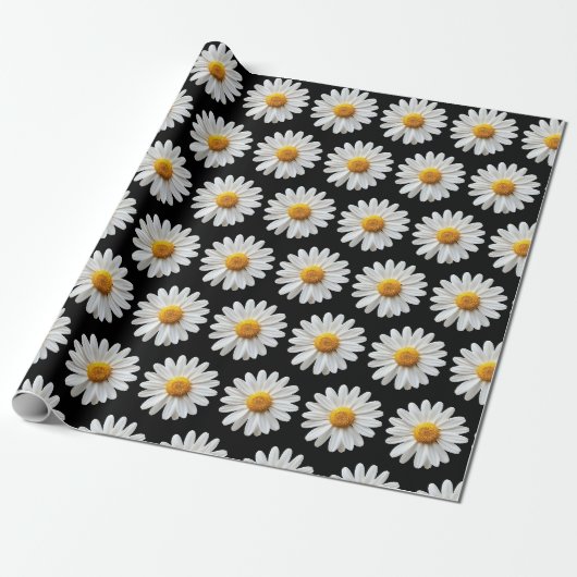 Weiße Gänseblümchen-Blumenmuster fett Schwarz Geschenkpapier (Ungerollt)