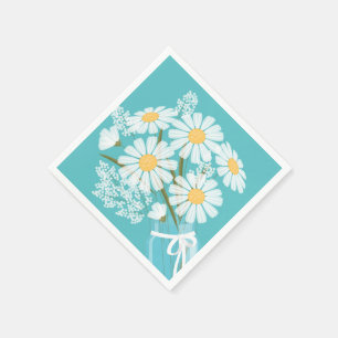 Weiße Gänseblümchen-Mason-Jar-Strauß Teal-Ecke Serviette