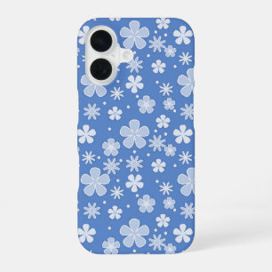 Weiße Gänseblümchen und Punkte auf Blau iPhone 16 Hülle