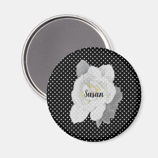 Weiße Gardenia-Blume auf Schwarz-weißen Polka-Punk Magnet (Vorderseite/Rückseite)