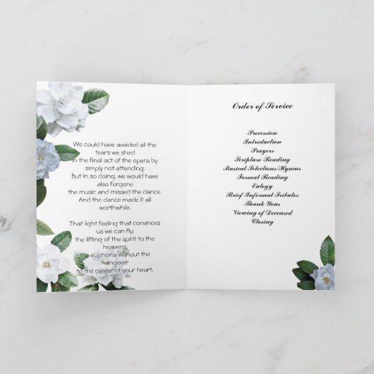 Weiße Gardenias-Blumen-Begräbnis- mit Programm (Innenseite)