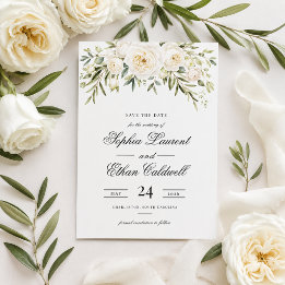 Weiße Gartenrosen Hochzeit Save-the-Date-Karte Einladung