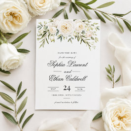 Weiße Gartenrosen Hochzeit Save-the-Date-Karte Einladung