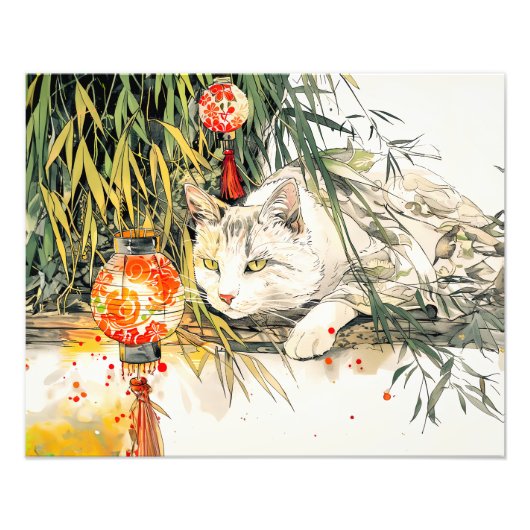Weiße Geisha Katze mit Chinesischem Tinte in Bambo Fotodruck (Vorne)