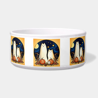 Weiße Geisterkatzen und Jack-o' Lanterns Napf