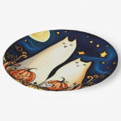 Weiße Geisterkatzen und Jack-o' Lanterns Pappteller (Schrägansicht)