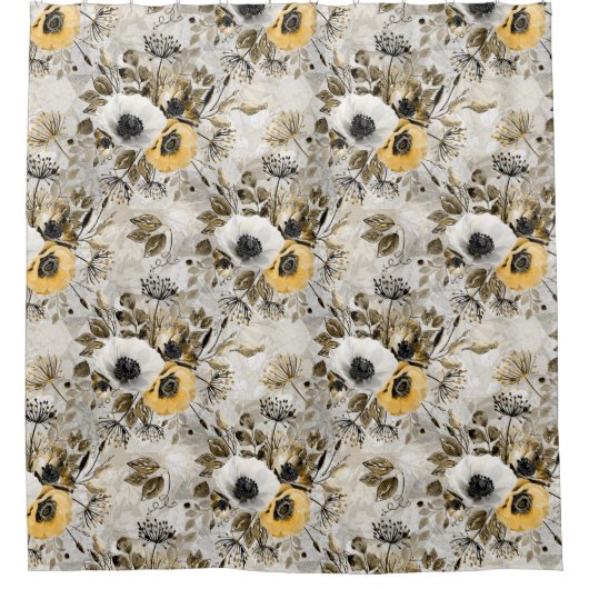 Weiße, gelbe Anemone auf graubraunem Hintergrund. Duschvorhang (Vorderseite)