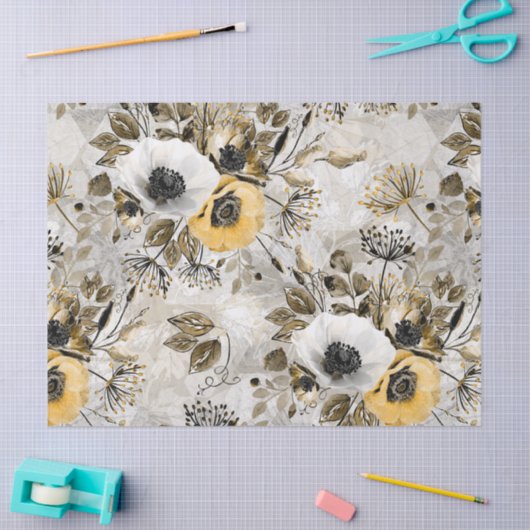 Weiße, gelbe Anemone auf graubraunem Hintergrund. Seidenpapier (Basteln)