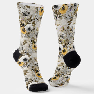 Weiße, gelbe Anemonen auf grauem-braunem Hintergru Socken