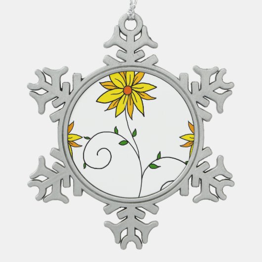 Weiße gelbe Blume Doodle Art Schneeflocken Zinn-Ornament (Vorderseite)