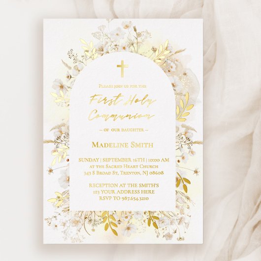 Weiße gelbe Blumen Erste Heilige Kommunion Folieneinladung