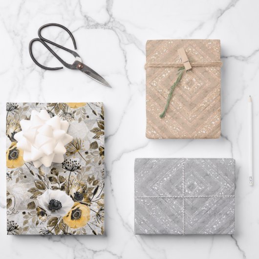 Weiße, gelbe Blumen Geschenkpapier Set (Vorderseite)