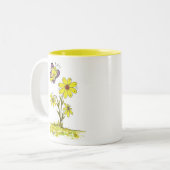 Weiße gelbe Blumen mit Schmetterling Zweifarbige Tasse (Vorderseite Links)