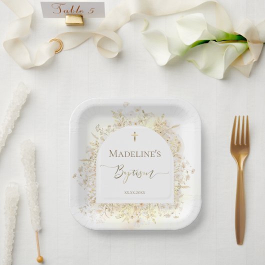 weiße gelbe Blumen Taufe  Pappteller (Hochzeit)