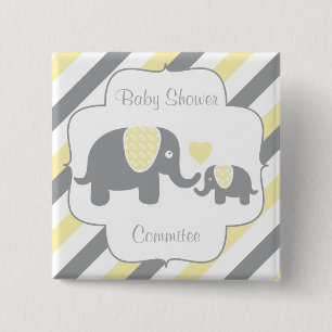 Weiße, gelbe u. graue Streifen-Elefant-Babyparty Button