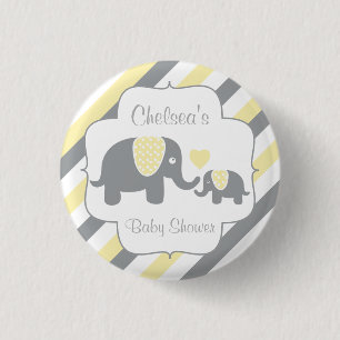 Weiße, gelbe u. graue Streifen-Elefant-Babyparty Button