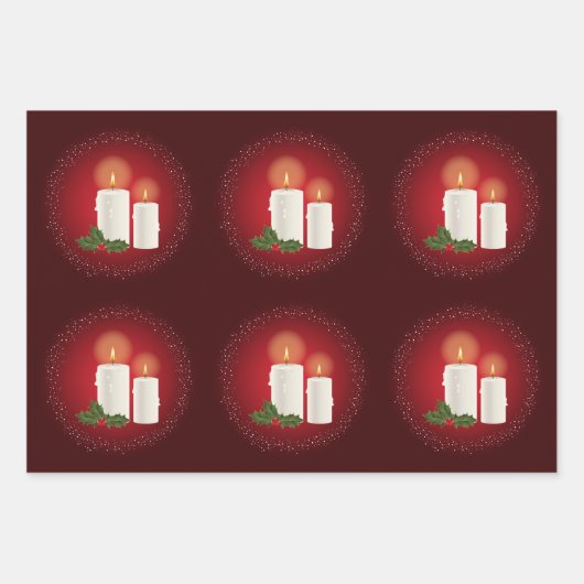 Weiße, gemütliche Weihnachtskerzen auf Rot mit Hol Geschenkpapier Set (Vorderseite)