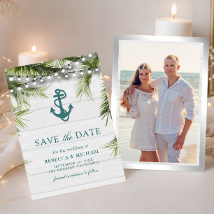 Weiße gewaschene Holzpalmblätter Teal-Anker-Hochze Save The Date