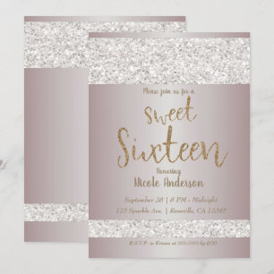 Weiße Glitter-Schimmer-Rosé Süße 16 Sechzehn Einladung