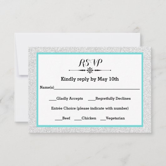 Weiße Glitter- und Teeband-Rahmen- RSVP-Antwortkar RSVP Karte (Vorderseite)