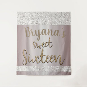 Weiße Glitzer-Blush-Pink-Sweet-16-Kulisse Wandteppich