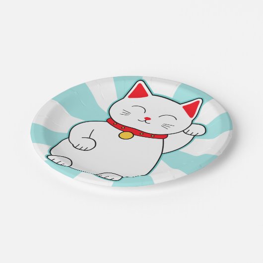 Weiße glückliche Katze Pappteller (Schrägansicht)