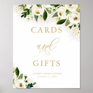 Weiße Gold Blumenkarten und Geschenke Dusche Poster