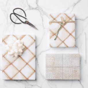Weiße Gold Creme Streifen Quadrate Geburtstag Geschenkpapier Set