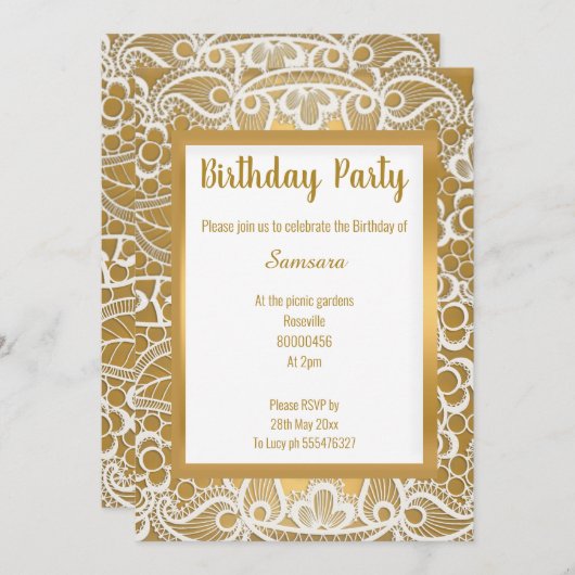 WEISSE GOLD LACE GOLD TRIM ELEGANTER GEBURTSTAG EINLADUNG (Vorne/Hinten)