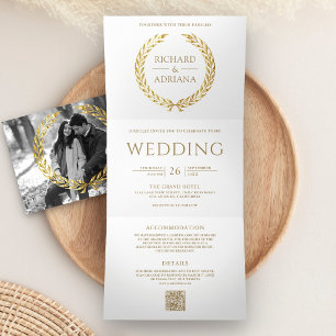 Weiße Gold-Lorbeer-Minimal-QR-Code-Hochzeit Dreifach Gefaltete Einladung