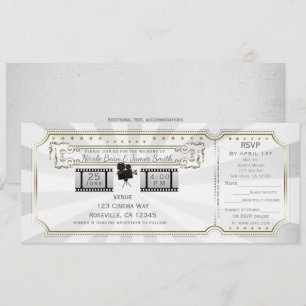 Weiße Gold Vintage-Kino-Hochzeitsticket & RSVP Einladung