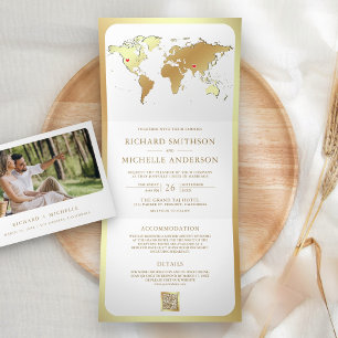 Weiße Gold Weltkarte QR-Code Foto Hochzeit Dreifach Gefaltete Einladung