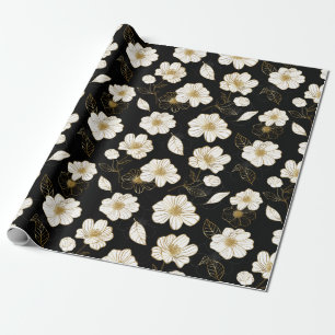 Weiße Goldblumen auf Schwarz Geschenkpapier