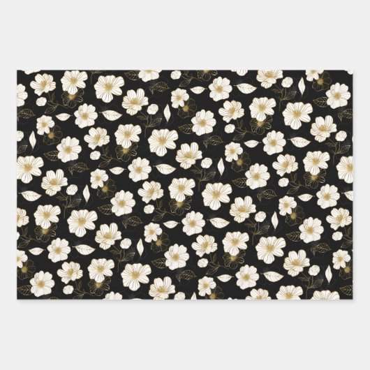 Weiße goldene Blüte in Schwarz Geschenkpapier Set (Vorderseite 3)