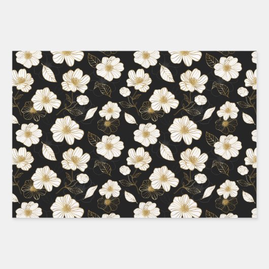Weiße goldene Blüte in Schwarz Geschenkpapier Set (Vorderseite 2)
