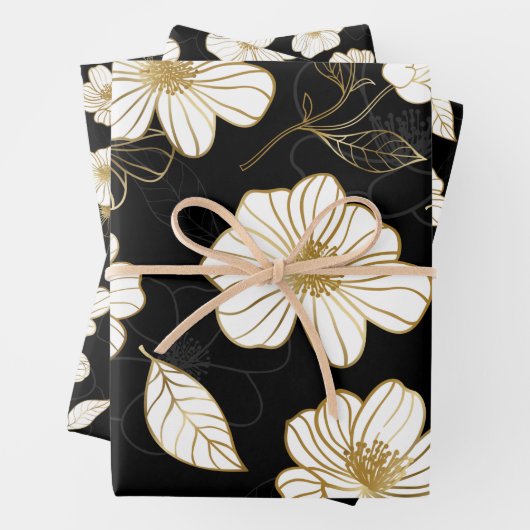 Weiße goldene Blüte in Schwarz Geschenkpapier Set (Beispiel)