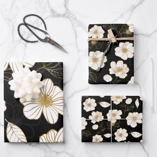 Weiße goldene Blüte in Schwarz Geschenkpapier Set (Vorderseite)