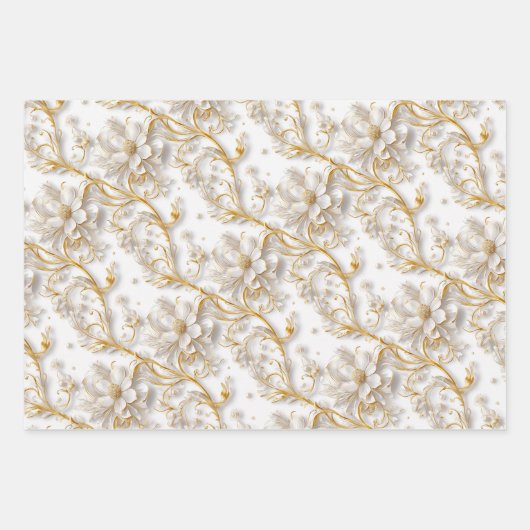 Weiße goldene Hochzeit Blumenmuster eleganter Somm Geschenkpapier Set (Vorderseite)