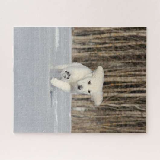 Weiße, goldene Retriever Welpe im Schnee Puzzle (Horizontal)