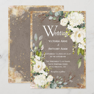Weiße Goldene Rustikale Florale Braune Hochzeit Einladung