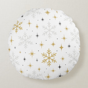 Weiße & Goldene Schneeflocken-Sparkling-Wurfkissen Rundes Kissen